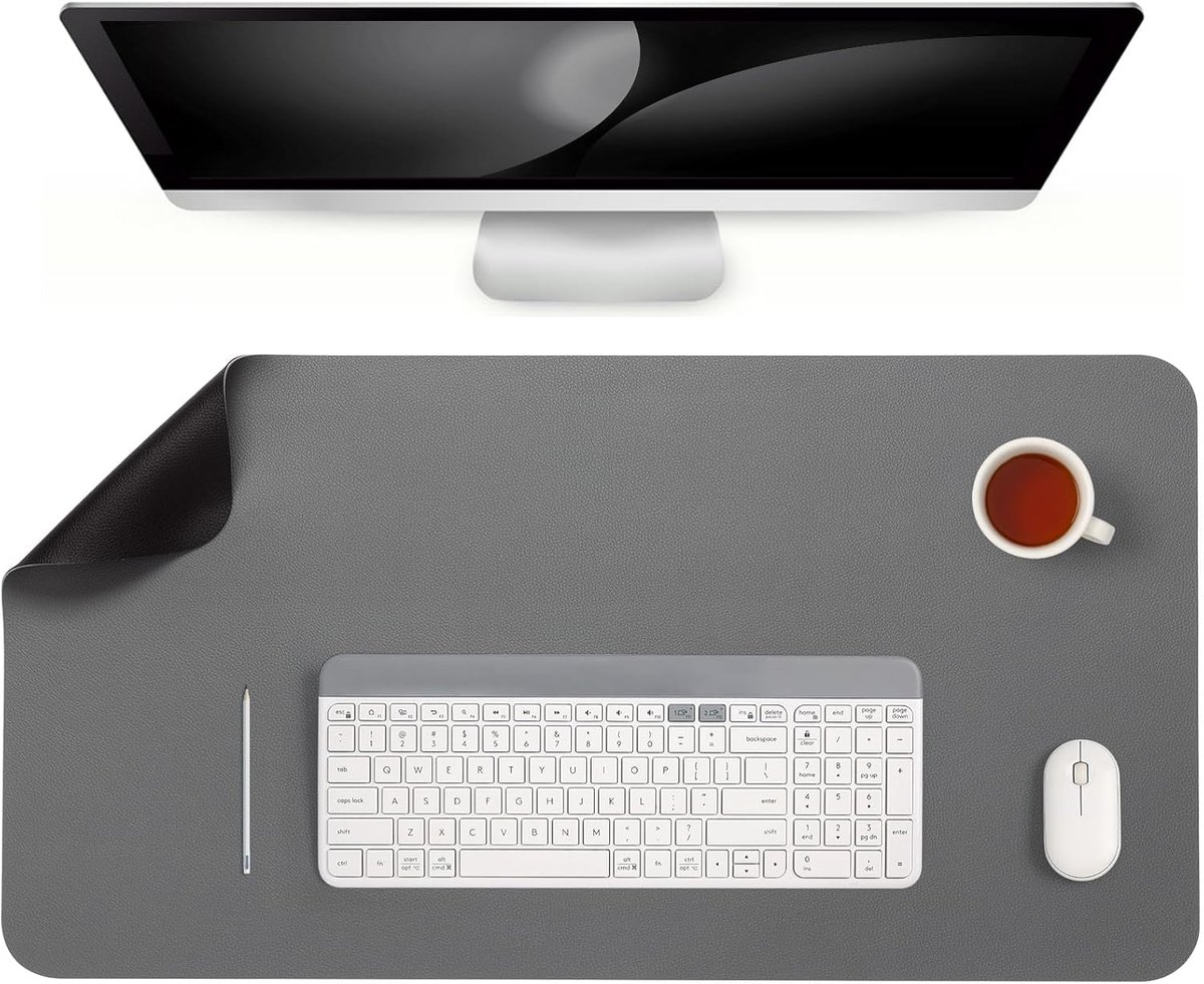 SnelShoppen - Faux Leather Desk Mat 43x90cm - Dubbelzijdige Niet-Slip Bureau Mat - PVC Desk Protector - Waterdicht en Vlekbestendig - Grijs Zwart