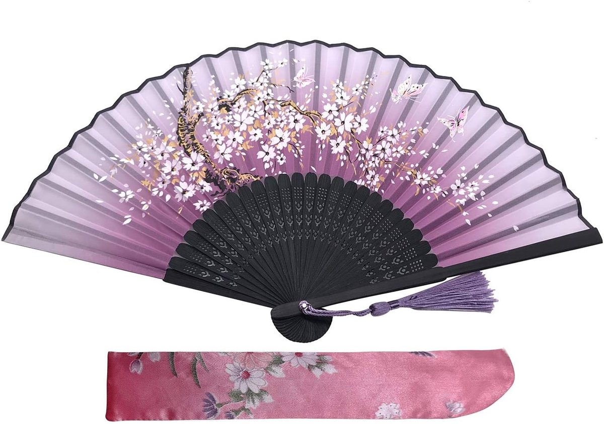 SnelShoppen - Vouwbare Hand Fans - Bamboe Handventilator met Tassel - 21 cm Opgevouwen - 38 x 21 cm Uitgevouwen - Paars - Perfect voor Feest, Bruiloft