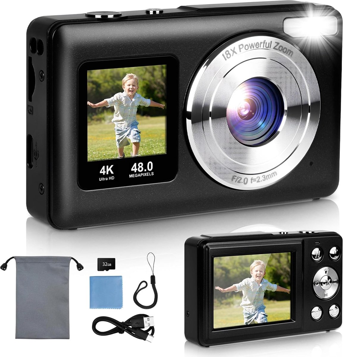 SnelShoppen - Digitale Camera 4K HD 48MP Compact Camera met Dubbele Schermen, 18x Digitale Zoom, Ideaal voor Kinderen en Volwassenen - Zwart