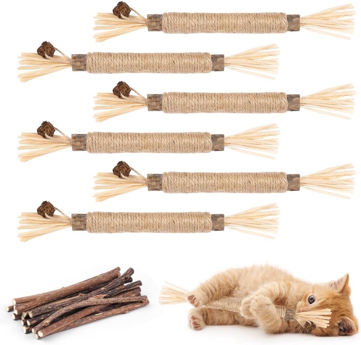 SnelShoppen - 21 Stuks Katten Speelgoed Matatabi Kauwsnacks en Natuurlijk Veer Interactief Speeltje - Duurzame Katgras Sticks voor Tandenreiniging en