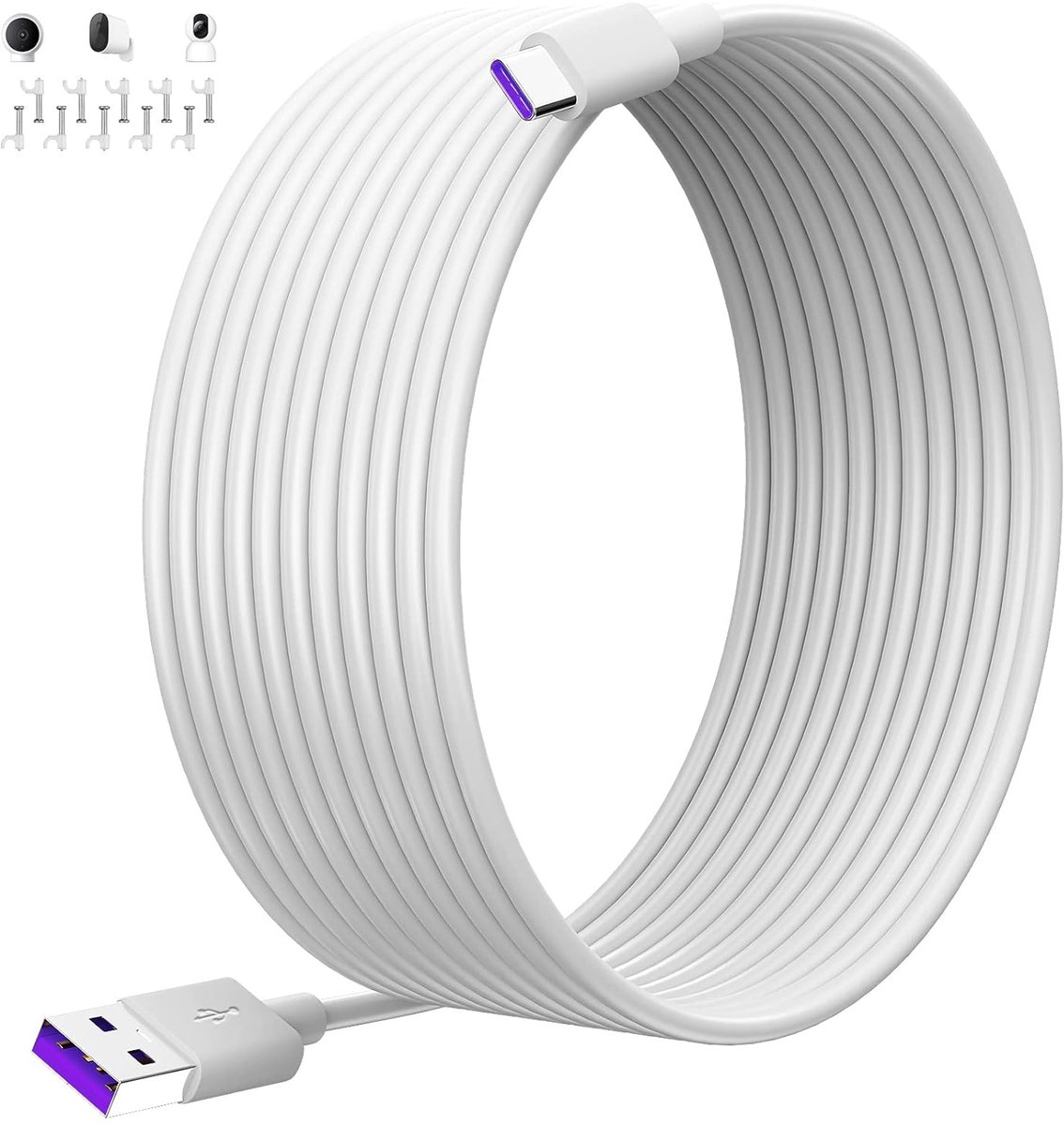 SnelShoppen - Extra Lange 8M USB Type-C Kabel - Voor Beveiligingscamera's, Slimme Speakers, 2K Magnetische Bevestiging, Wit, Geschikt voor Buiten en B