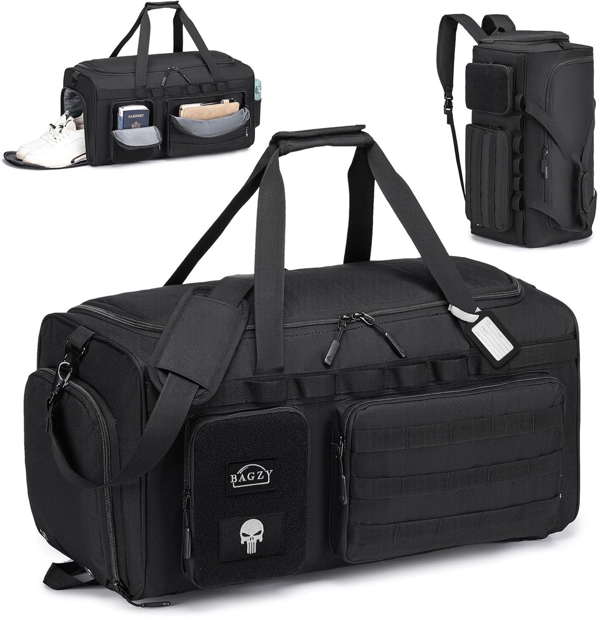 SnelShoppen - 55L Tactical Travel Bag - Sporttas met Schoencompartiment - Rugzak voor Mannen - Gym Bag - Weekend Tas - Zwart - Perfect voor Werk, Reiz