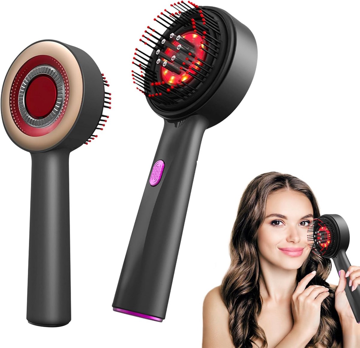 Thijox - Elektrisch hoofdmassageapparaat 2-in-1, massageborstel met 3 modi, haarolie-applicator, rood licht, 360 graden, ideaal voor ontspanning en ve