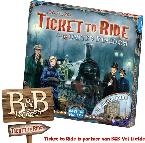 Ticket to Ride: United Kingdom bordspel met personages en stoomtrein op de voorgrond, met een bord met Pennsylvania erop.