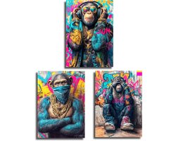 Apen Posterset - Street Art Prints - Muur Decoratie - 3-delige Set - DIN A2 - Multicolor