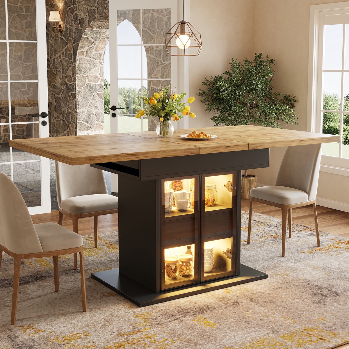 Sweiko Uitschuifbare Eettafel - Opbergruimte - LED-verlichting - Glazen schuifdeuren - 110-140 x 80 x 78 cm - Zwart + Naturel
