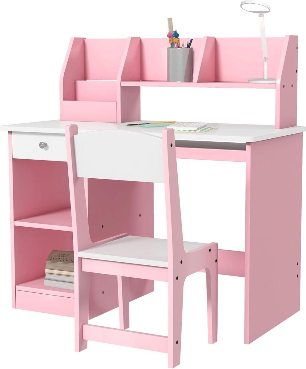 Kinderbureau met stoel - Kindertafel set - Studeren en spelen - Veel opbergruimte - 90 x 45 cm - Roze