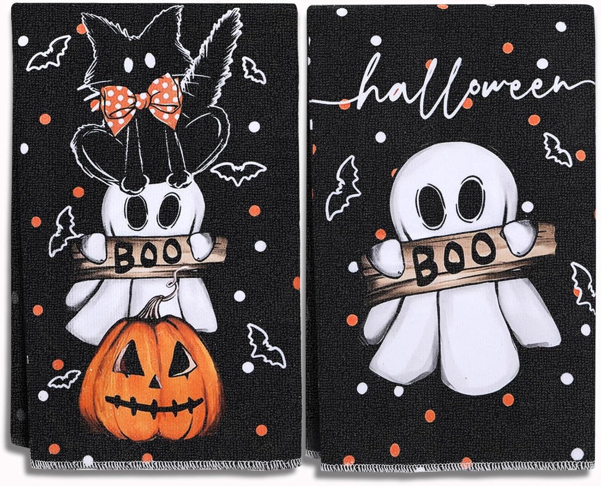 SnelShoppen - Halloween Theedoeken Keuken 2 Stuks - Microvezel Keukendoeken met Pompoen, Geest & Zwarte Kat Patroon - Ideaal voor Feestelijke Decorati