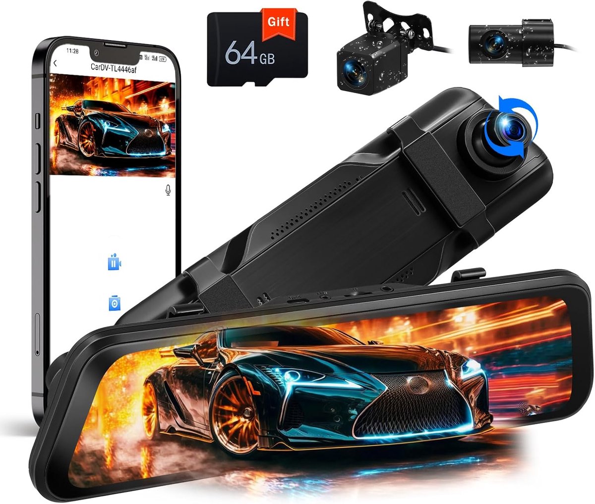 Thijox - CAMECHO Spiegel-Dashcam met Achteruitrijcamera 9,66 inch Full HD 2K, Auto Voor en Achter, Nachtzicht, G-sensor, GPS, LCA, BSD, 64G Kaart, 2x1