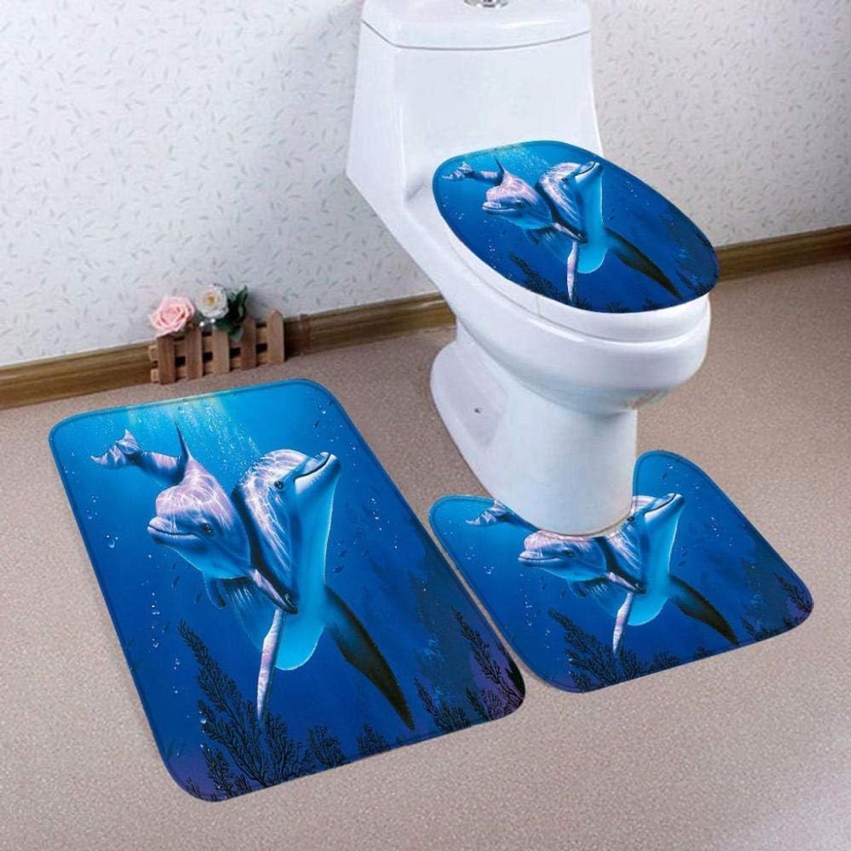SnelShoppen - 3-delige Badkamermatten Set met Blauwe Dolfijn - U-vormig Tapijt, Toiletbril Cover en Mat - Waterdicht, Antislip, Zacht Flanel & Polyest