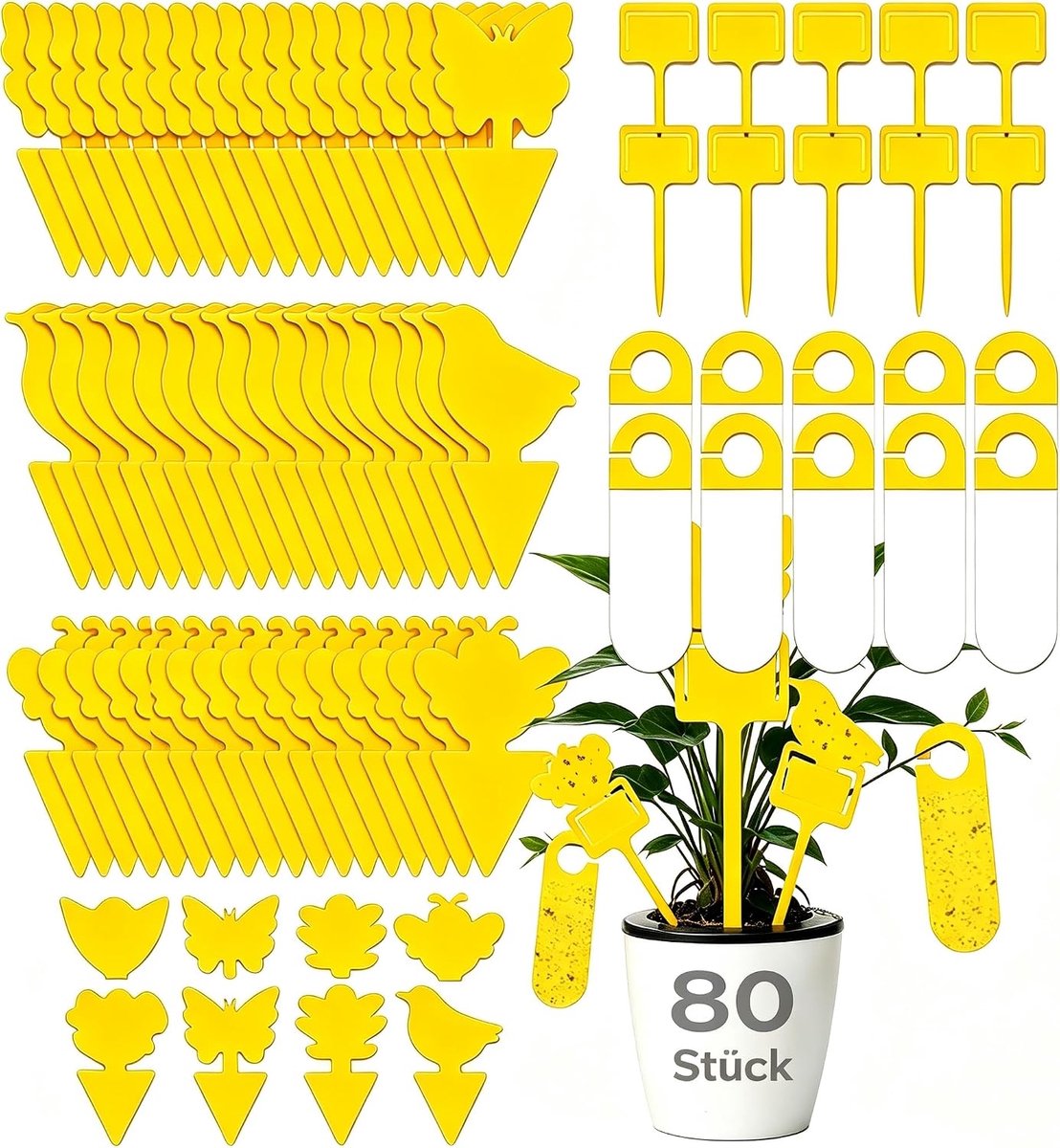 SnelShoppen - 80-Delige Vliegenvangers Set - Kleverige Vliegenvallen, Fruitvliegenvallen, Plantenvliegenstickers, 60 Lijmborden + 10 Grondpennen + 10
