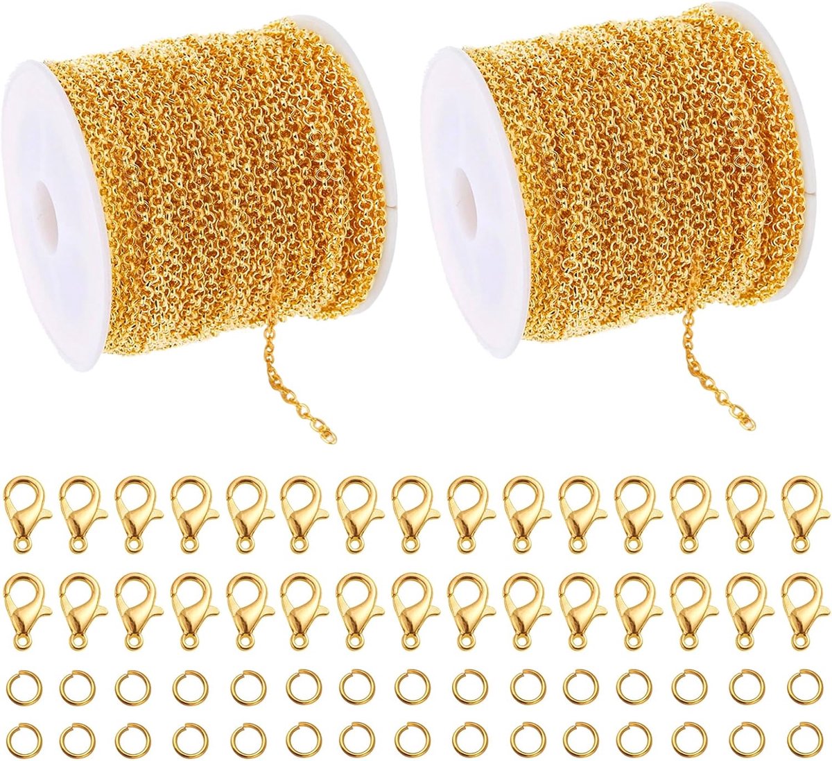 SnelShoppen - 10m Gouden Ketting voor Sieraden Maken, Rolketting voor Vrouwen, Uitbreidingsketting met 120 Ringen en 60 Sluitingen, Gouden Accessoires