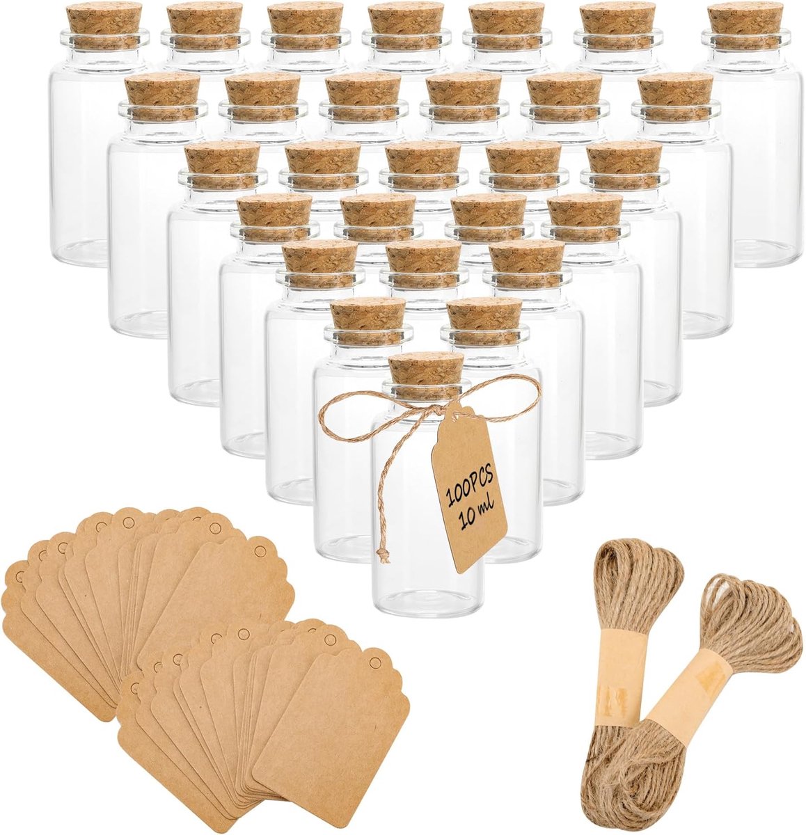 SnelShoppen - 100 Stuks Glazen Flesjes Met Kurk 10 ml - Mini Wensflessen Voor Bruiloft, Decoratie, Ambachten, Lekvrij, Herbruikbaar, Inclusief Labella