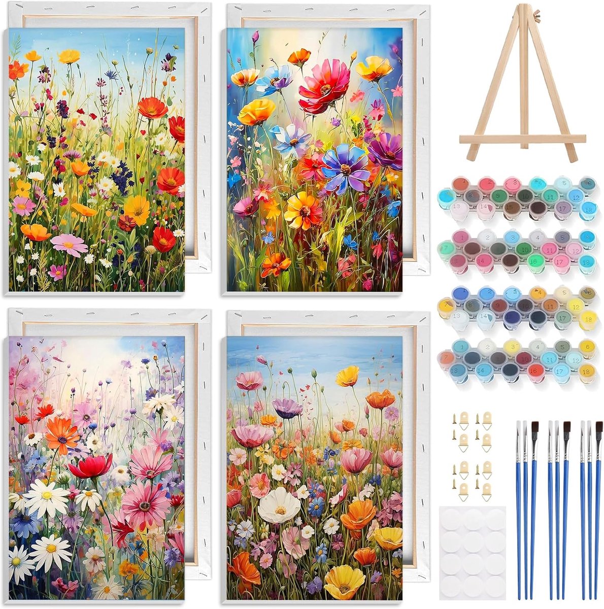 SnelShoppen - 4 Stuks Schilderen op Nummer Wilde Bloemen met Lijst voor Volwassenen en Kinderen - Landschap Schilderen met Acrylpigment op Canvas 20 x
