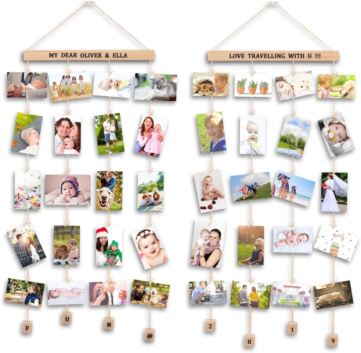 SnelShoppen - Fotolijst Set van 2 voor Aan de Muur met Houten Fotoklemmen, Woondecoratie voor Verjaardag en Bruiloft, Inclusief Stickers met Letters e