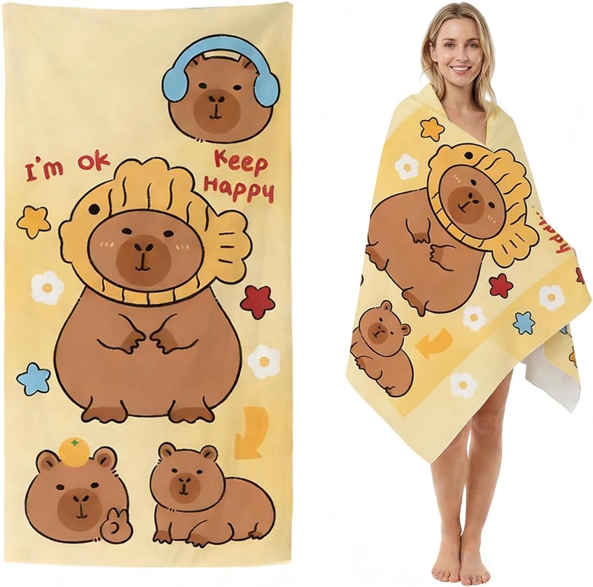 SnelShoppen - Capybara Strandlaken Microvezel Handdoek - Zachte Sneldrogende Fitness- en Sauna Handdoek - Licht en Compact - Perfect voor Zwemmen, Cam
