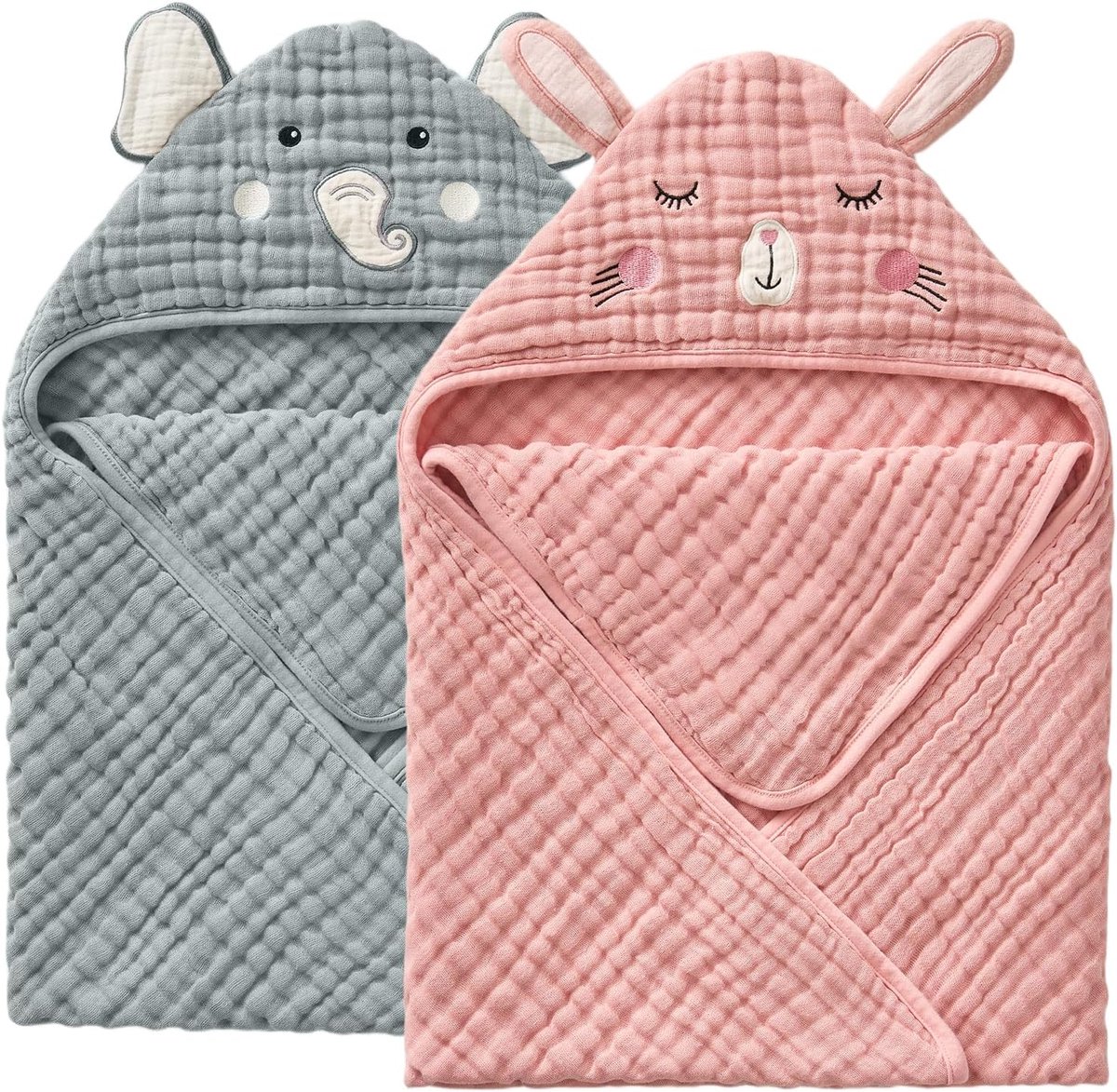 SnelShoppen - 2-Pack Baby Badhanddoeken Met Capuchon, Extra Zacht Mousseline Katoen, 81x81 cm, Sterk Absorberend, Sneldrogend, Perfect Cadeau Voor Pas