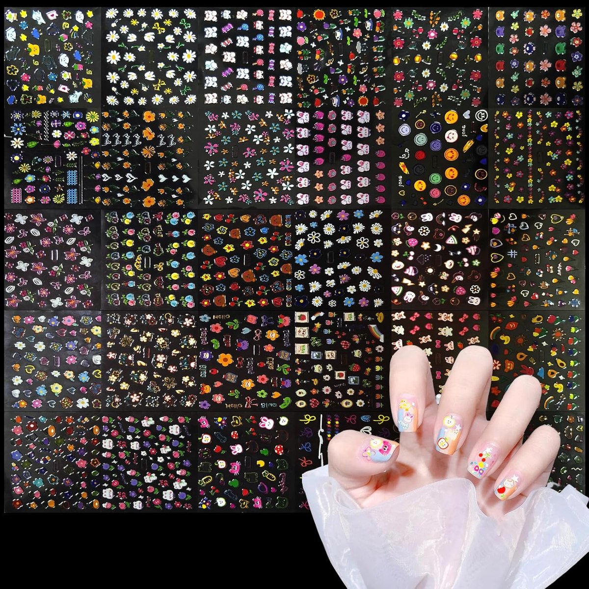 SnelShoppen - 30 Vellen Aurora 3D Nagelstickers, Kleurrijk, Zelfklevend, Nail Art, Bloemen, Hartvorm, Schattige Dieren, Zomer Decoratie voor Feest en