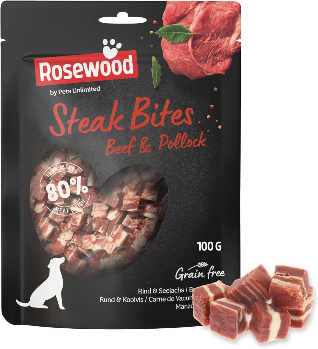 Thijox - Steak Bites voor Honden Rund & Koolvis - Malse Trainsnack, Hoog Vlees/Vis Gehalte, Zonder Granen en Gluten, 100 g, Perfect voor Training en B