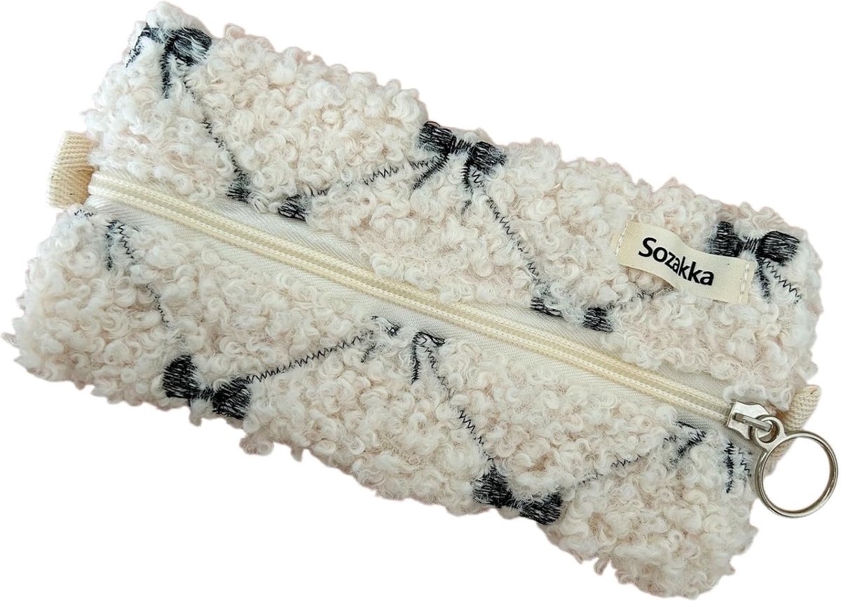 SnelShoppen - Schattige Beige Pluche Pennenhouder met Borduursel en Strik, Kantoorbenodigdheden, School Organiser, Lichtgewicht, Perfect voor Studente