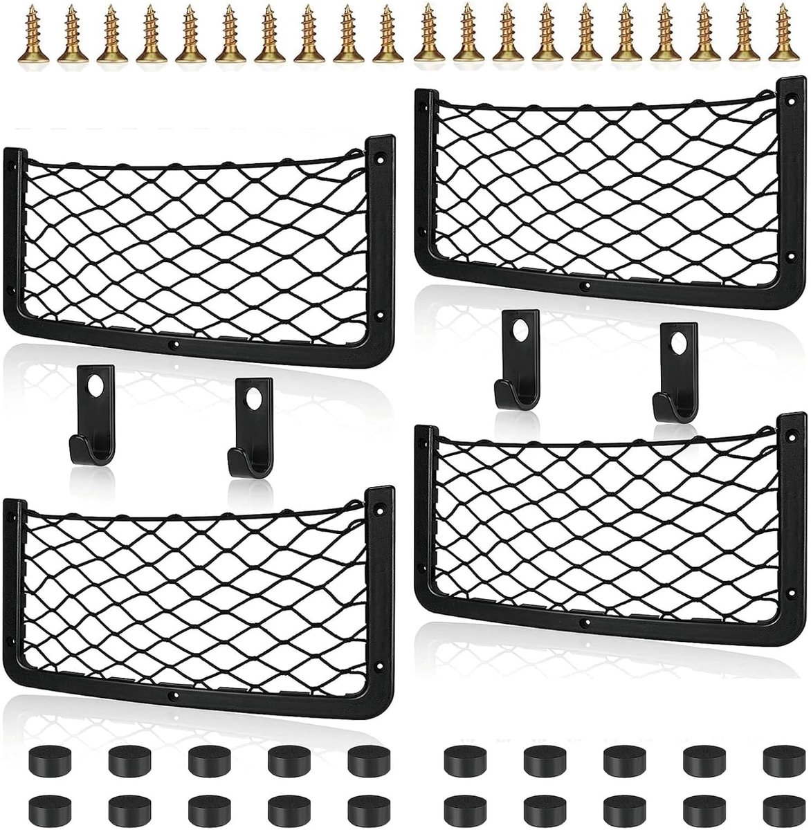 SnelShoppen - Pack van 4 Multifunctionele Auto Opslagnetten - Elastisch Kofferbaknet 36 x 18 cm - Voor Auto, Motorhome, Boot, Keuken - Houdt Kleine Sp
