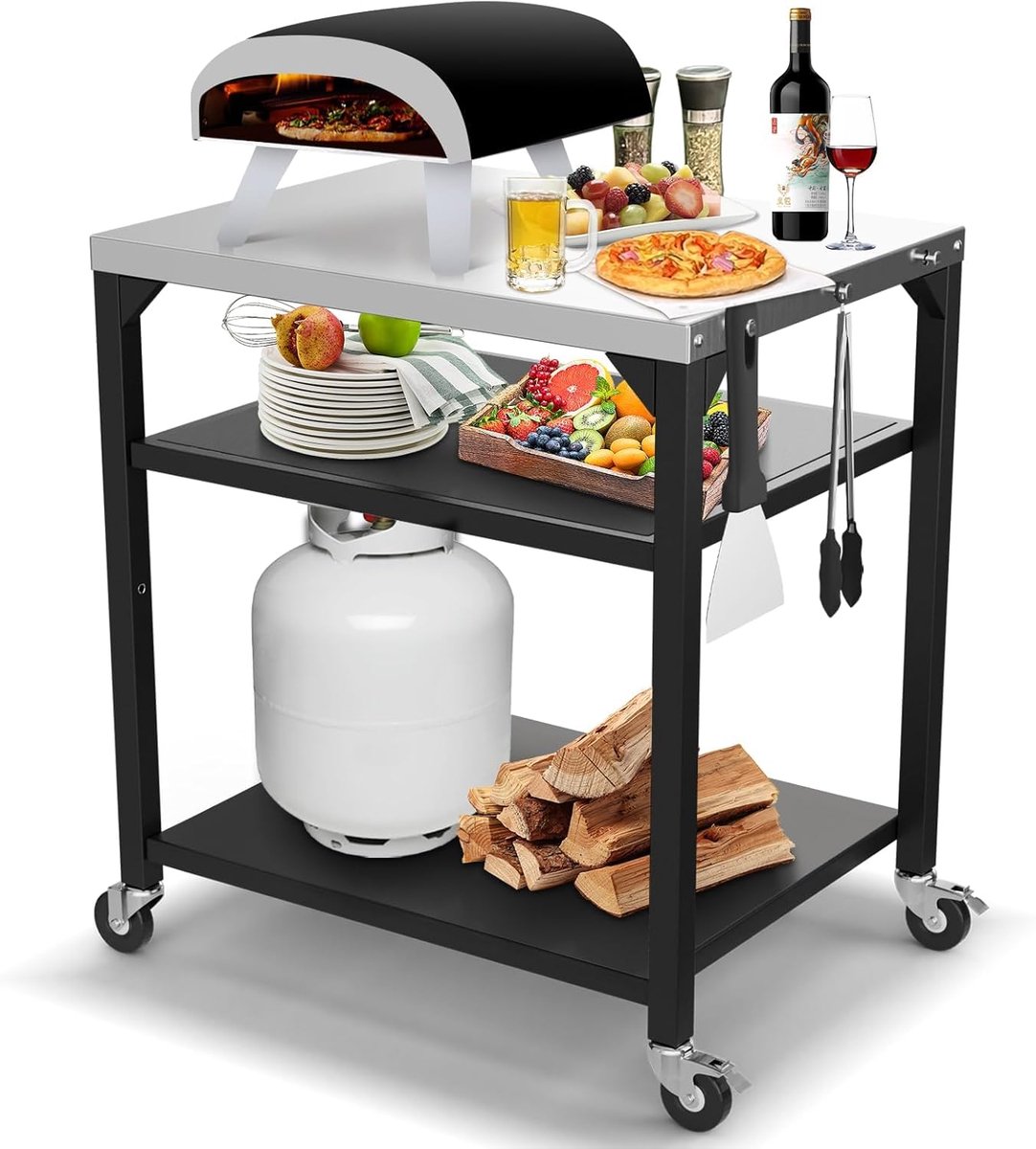 SnelShoppen - Multifunctionele Pizza Tafel Cart voor Ooni, Ninja Woodfire, Blackstone, Weber Q - Roestvrijstalen Grill Trolley voor Buiten, Keuken, Tu
