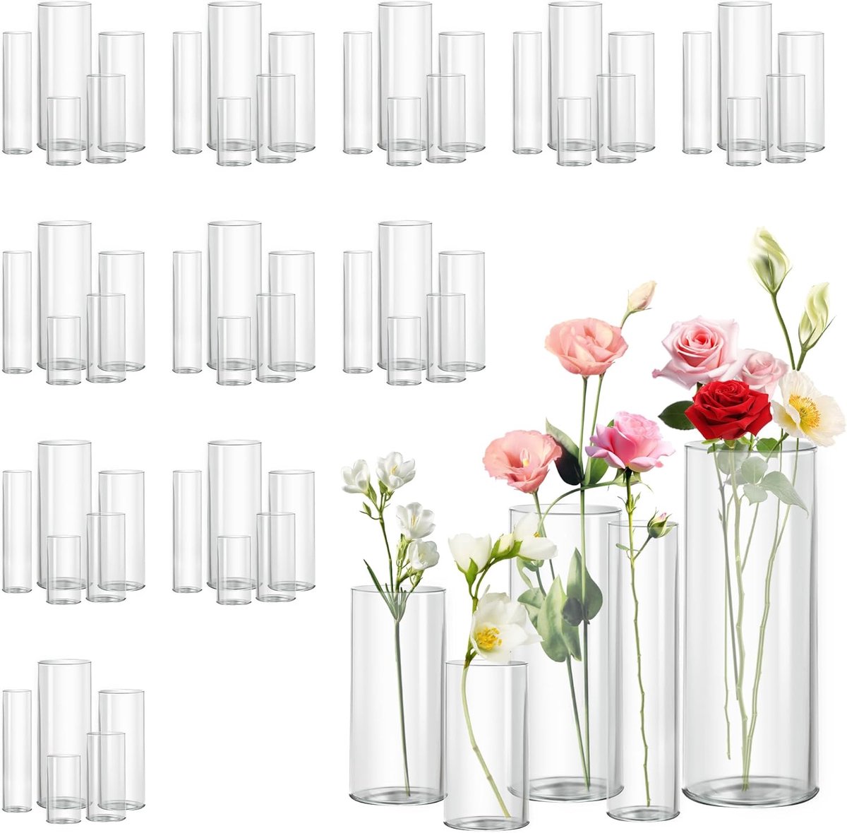 SnelShoppen - Glass Vase Cylindrical Vase voor Office Decoratie, Bloemenvase, Kaarsenhouder van Hoogwaardig Glas - 5 Maten (60, 15+15+20+25+30cm) voor