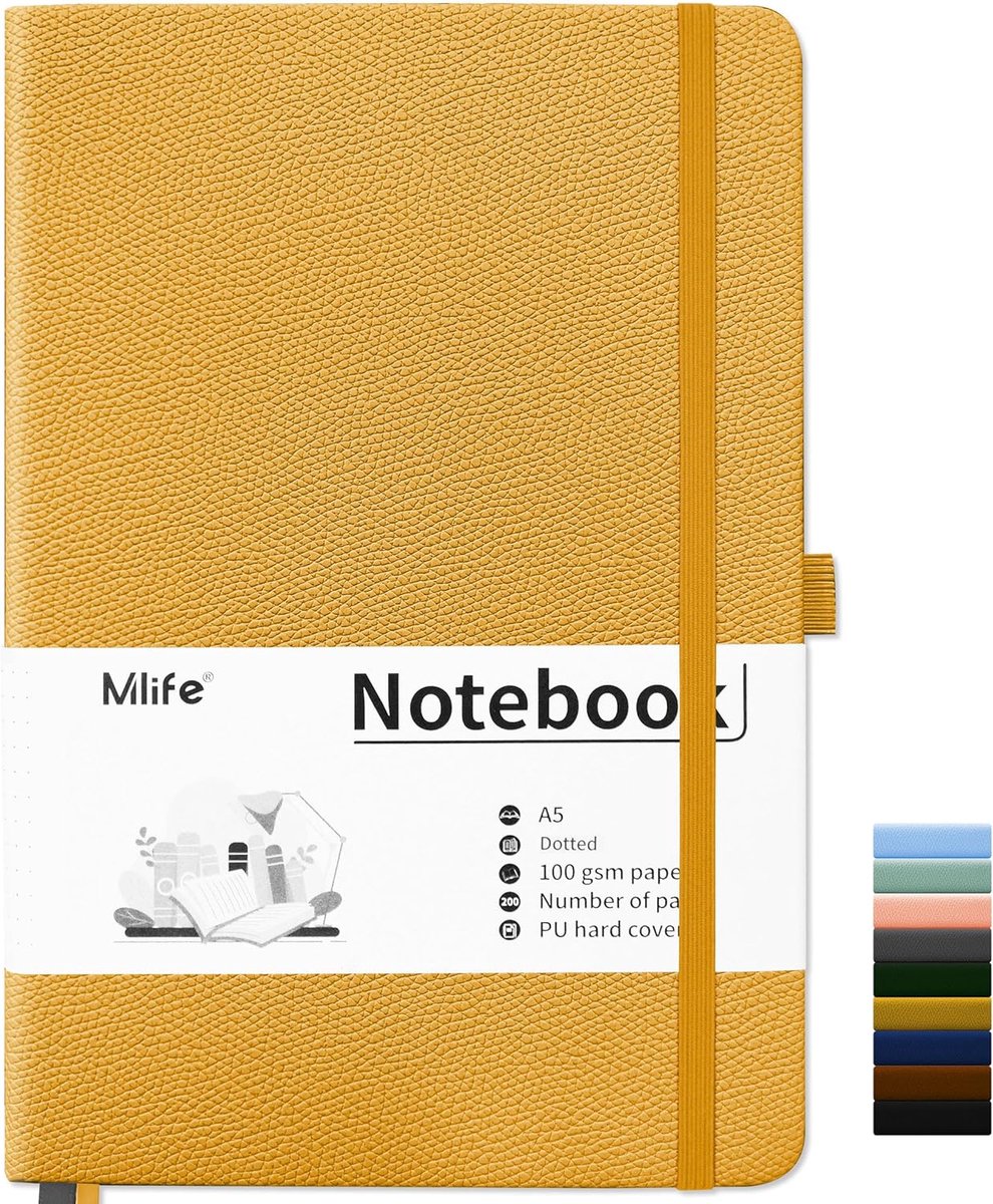 SnelShoppen - A5 Notitieboek Met Stippen, 200 Pagina's, 100 Gsm Dik Papier, Geel, Harde Kaft, Binnenzak, Elastische Band, Ideaal Voor Kantoor, School,