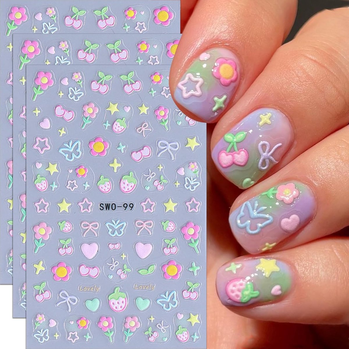 SnelShoppen - VelvetGlow Bloem Nagelstickers 5D Reliëf Zelfklevende Nagelstickers voor Kleurige Nagelkunst met Kersen, Aardbeien, Harten en Sterren -