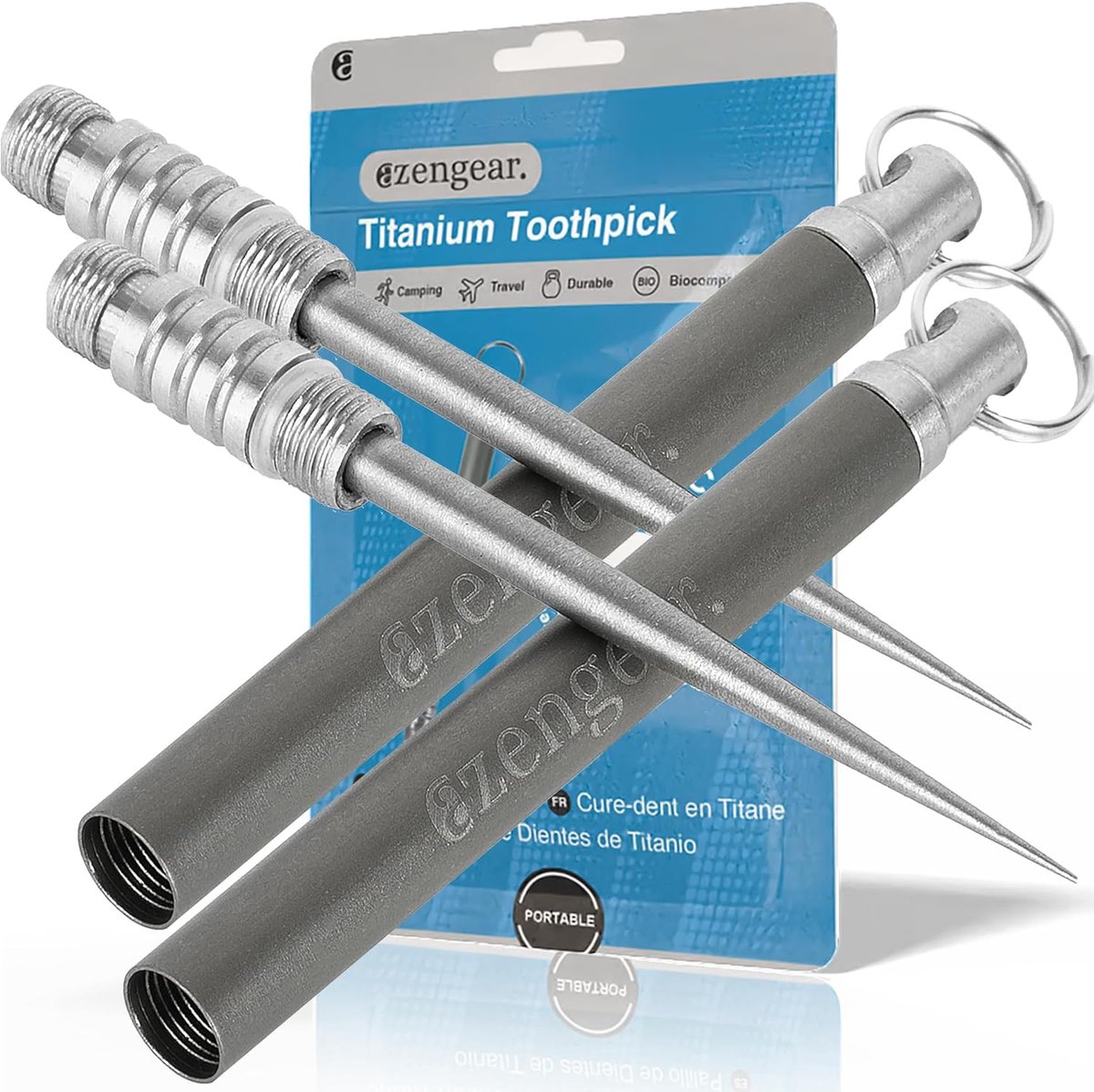 SnelShoppen - Titanium Tandenstoker 2 Stuks met Sleutelhanger Houder, Draagbare 5,7cm Schroefkoker, Roestvrij, Waterdicht, Lichtgewicht 8g, Perfect vo