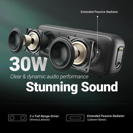 SnelShoppen - Draagbare Bluetooth Luidspreker 30W met Stereo Geluid, 35 Uur Accuduur, IPX6 Waterdicht, USB & AUX, Beige Buitenspeaker voor Tuin, Campi van Snelshoppen — afbeelding 5