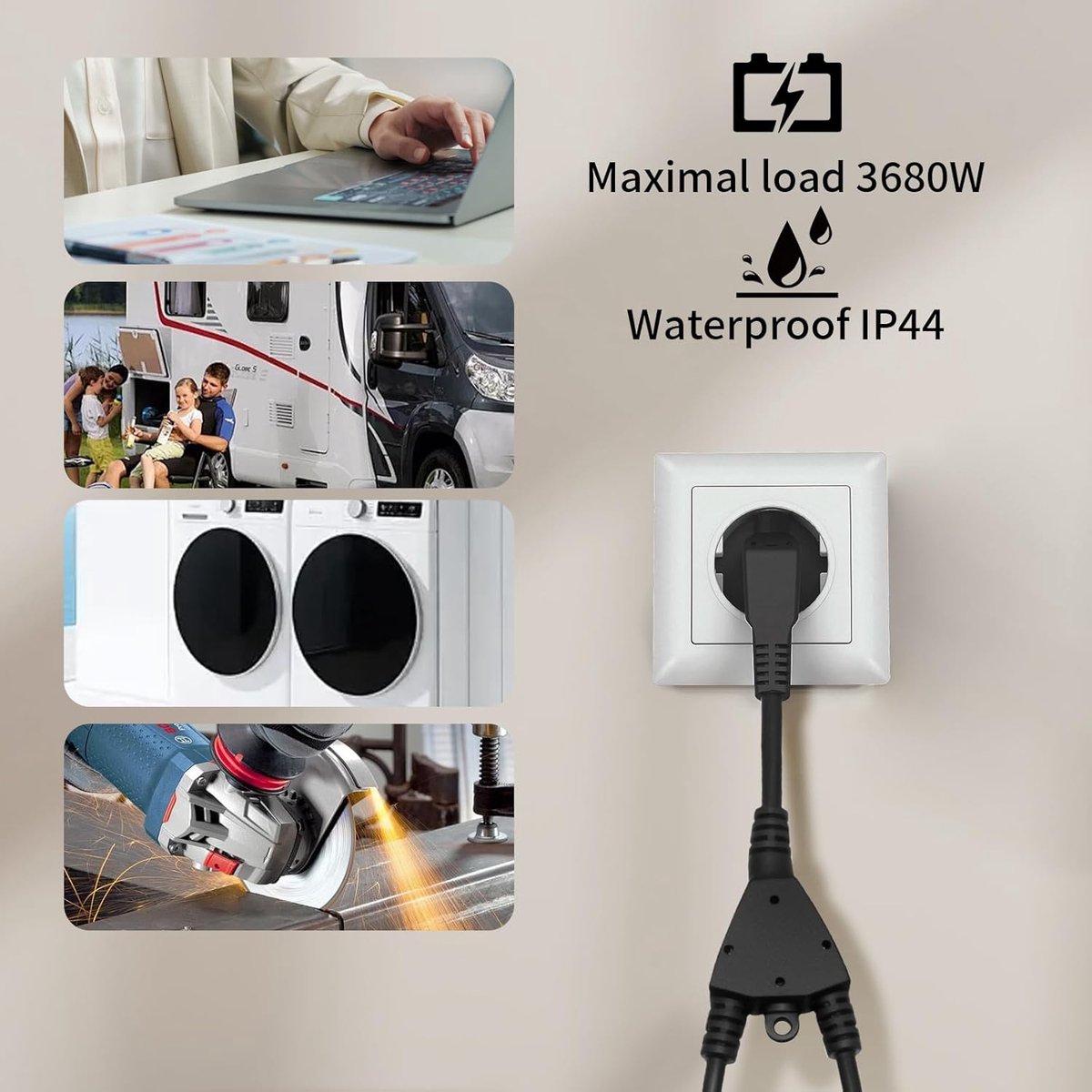 SnelShoppen - Dubbele stekker voor stopcontact, IP44 spatwaterdicht, 3500 W vermogen, compacte stroomverdeler voor tuin, balkon, terras, keuken, campe