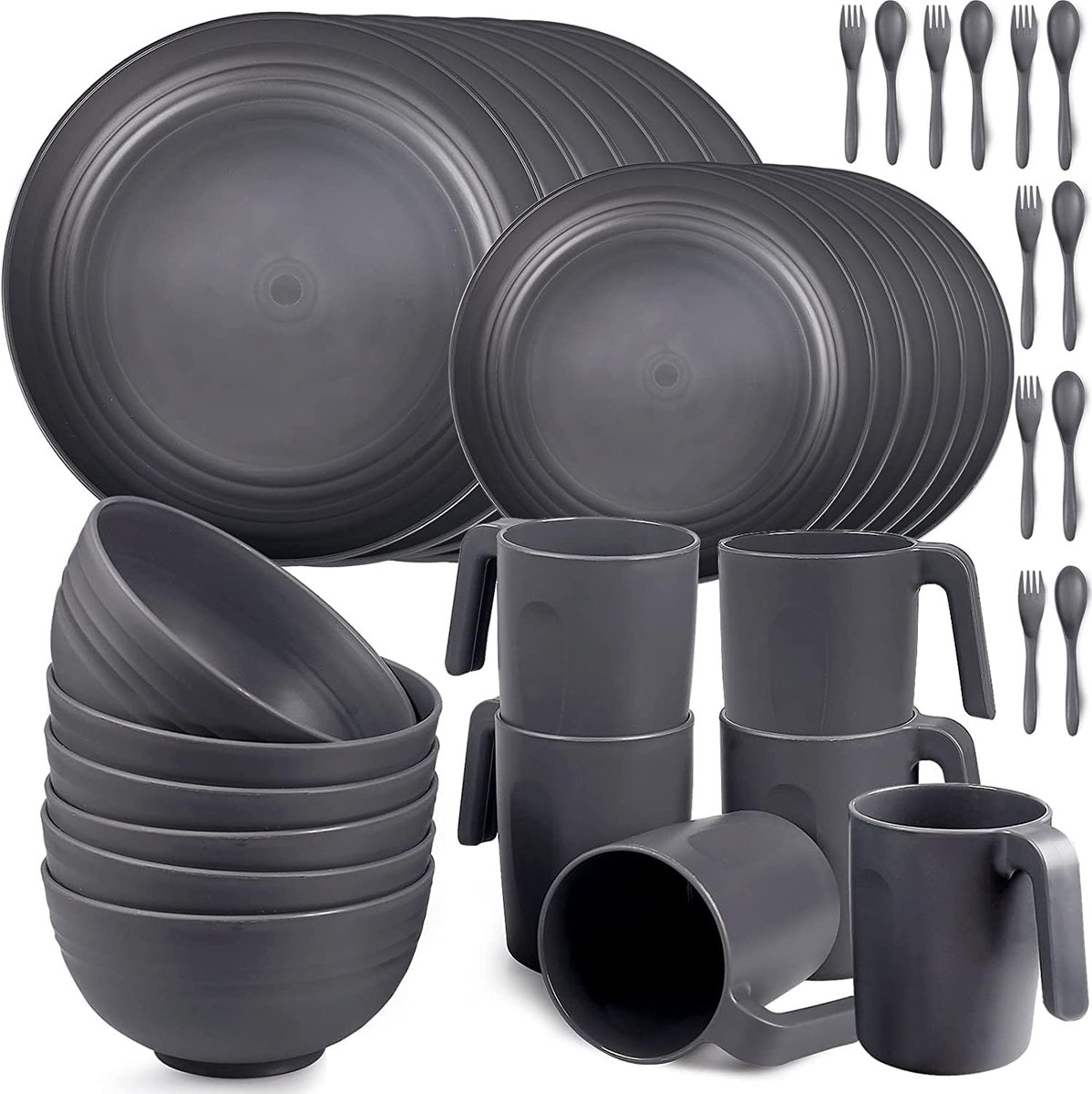 SnelShoppen - 36 Stuks Onbreekbare Serviessets voor 6 Personen, Lichtgewicht Campingborden, Kommen, Kopjes, Bestekset (Grijs) voor Picknick, Barbecue,