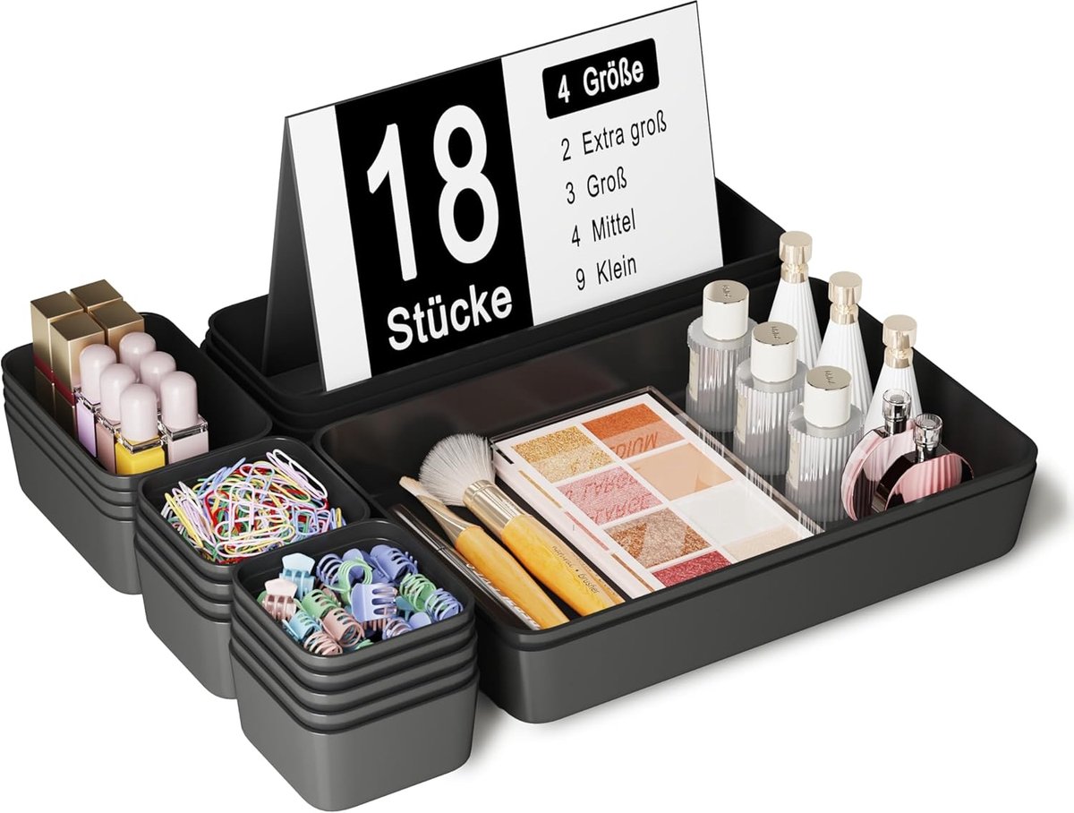SnelShoppen - Lade-organizer kunststof 18 stuks - Ruimtebesparende opbergdozen voor laden - Make-up, cosmetica, badkamer, keuken, kantoor, bureau