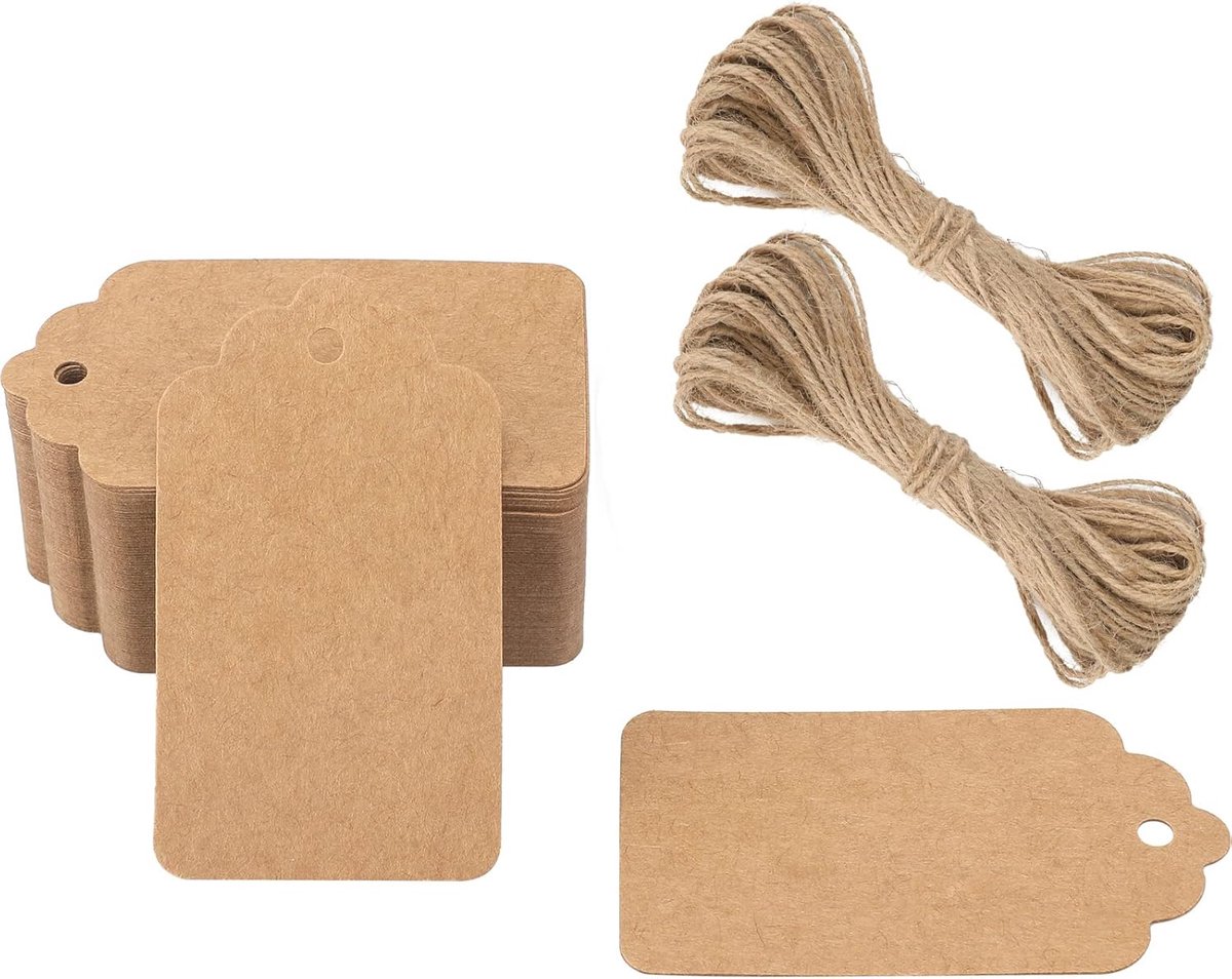 SnelShoppen - 100STK 7x4CM Cadeau Kraft Papier Tags met Jute Touw - Lege Pakket Labels voor Bruiloft, Feest, Ambachten en Decoratie - 300g/m² Kwalitei