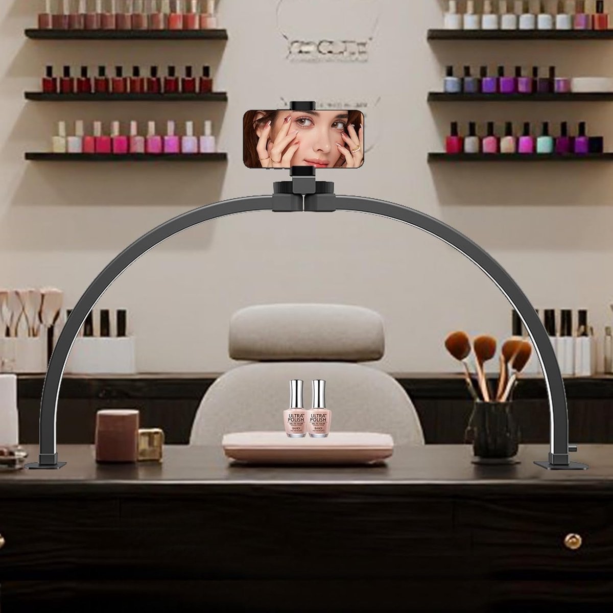 SnelShoppen - Halve Maanlamp voor Nageltafel, 29-inch LED Nagellamp met Telefoonhouder, Opvouwbare Beauty Light voor Nagelstylisten, Wimperextensions