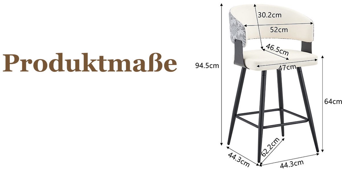 MEUNIQ set van 2 barkrukken met rugleuning, kunstleren zitting en metalen onderstel, zithoogte 64 cm, moderne keukenkrukken voor bar of kookeiland, wit