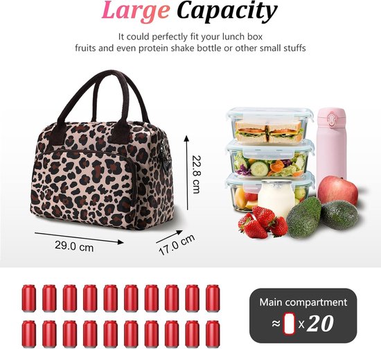 koeltas，Lunchtas, geïsoleerde lunchbox met een grote inhoud van 12 liter, herbruikbaar en waterdicht, met schouderriem, geschikt voor meisjes en volwassenen, met luipaardprint. — afbeelding 3