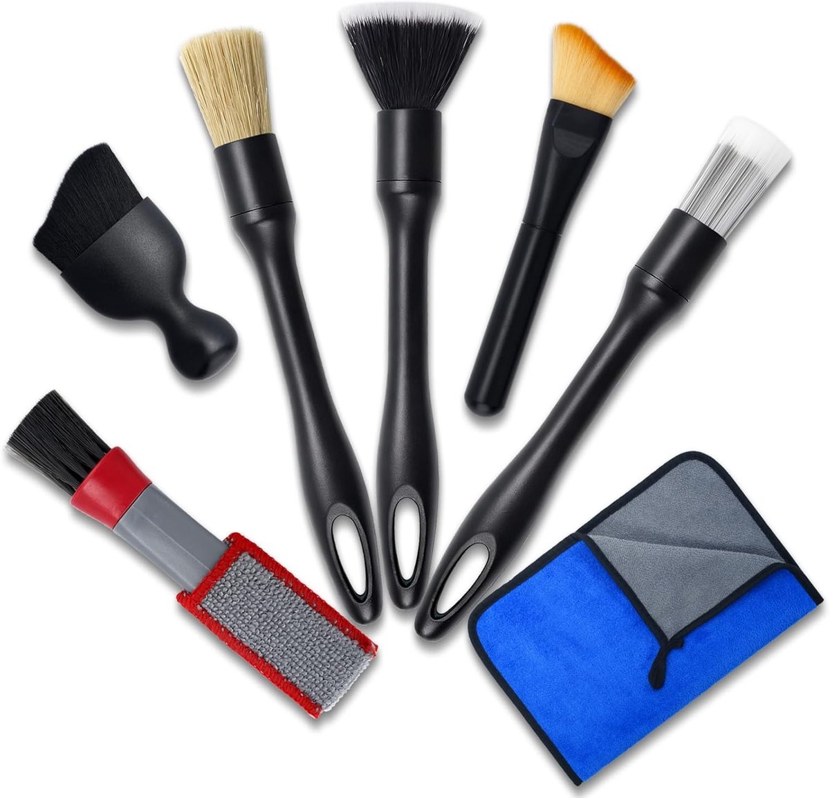 SnelShoppen - Auto Detailing Brush Set 7 Stuks, Car Interior Cleaning Brush met Microfiber Towel, Ultra-Zachte Borstels voor Interieur en Exterieur Re