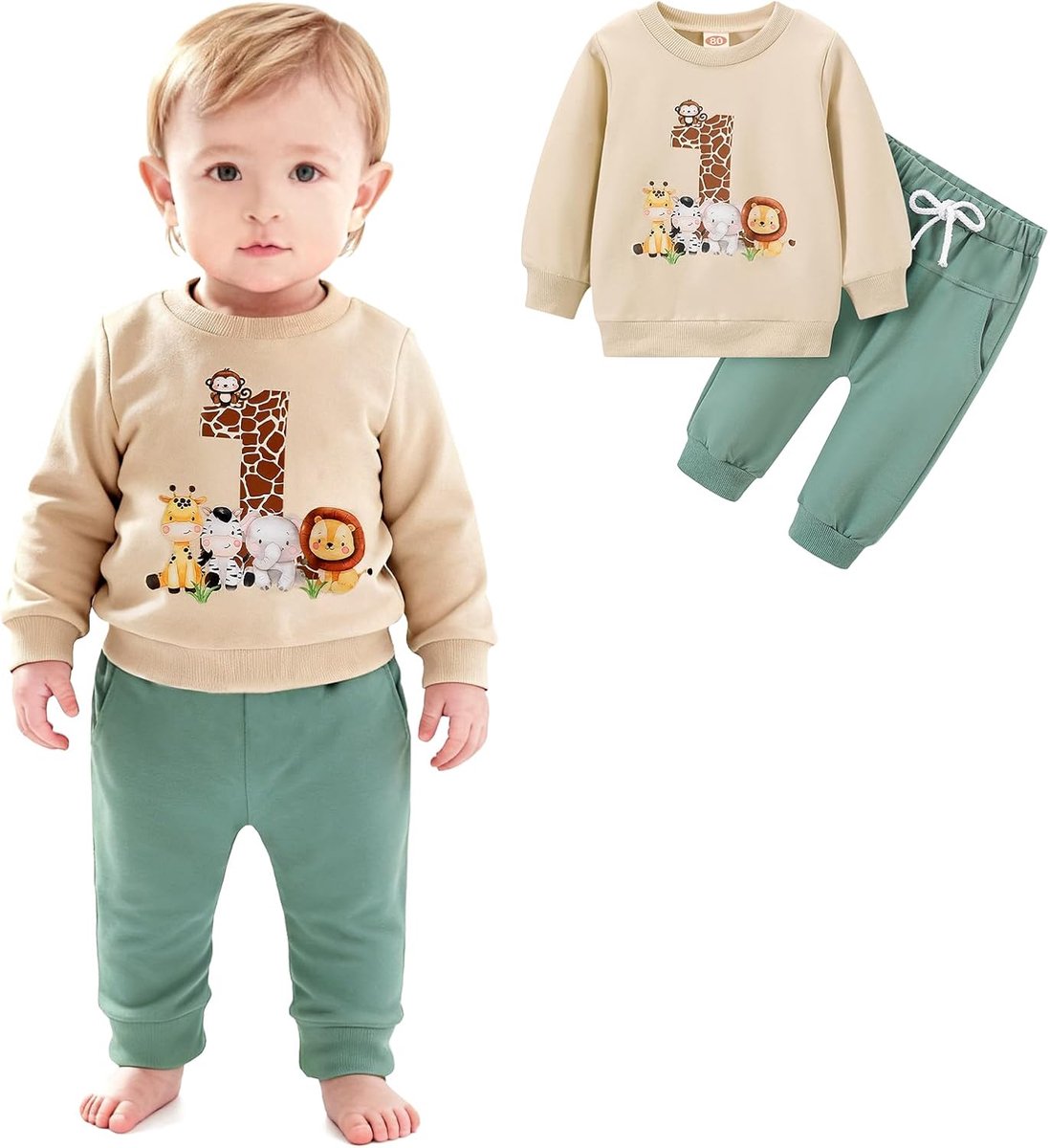 SnelShoppen - Baby Jongens 1 Jaar Verjaardag Kledingset - Lange Mouw Dierenprint T-shirt + Broek - Feestoutfit voor 1e Verjaardag - Comfortabele Babyk