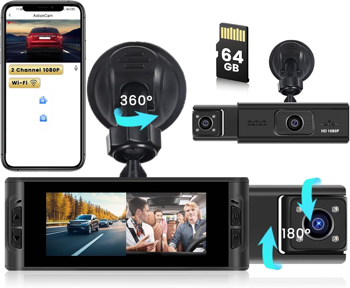 SnelShoppen - WiFi DashCam Auto met 64GB SD Kaart, Draadloze G-Sensor Voorzijde en Interieur, FHD 1080P, Loopopname, Bewegingsdetectie, Aanpassingen B