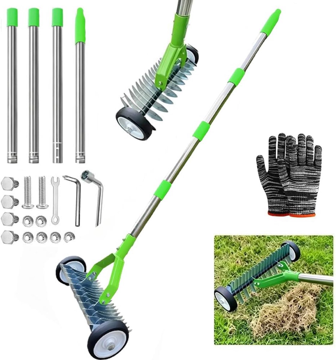 SnelShoppen - Hand Scarifier Rake met 165 cm Handvat, Tuin Aerator met Wielen, Verstelbare Metal Rake voor Grondbewerking, Comfortabele Grip voor Tuin