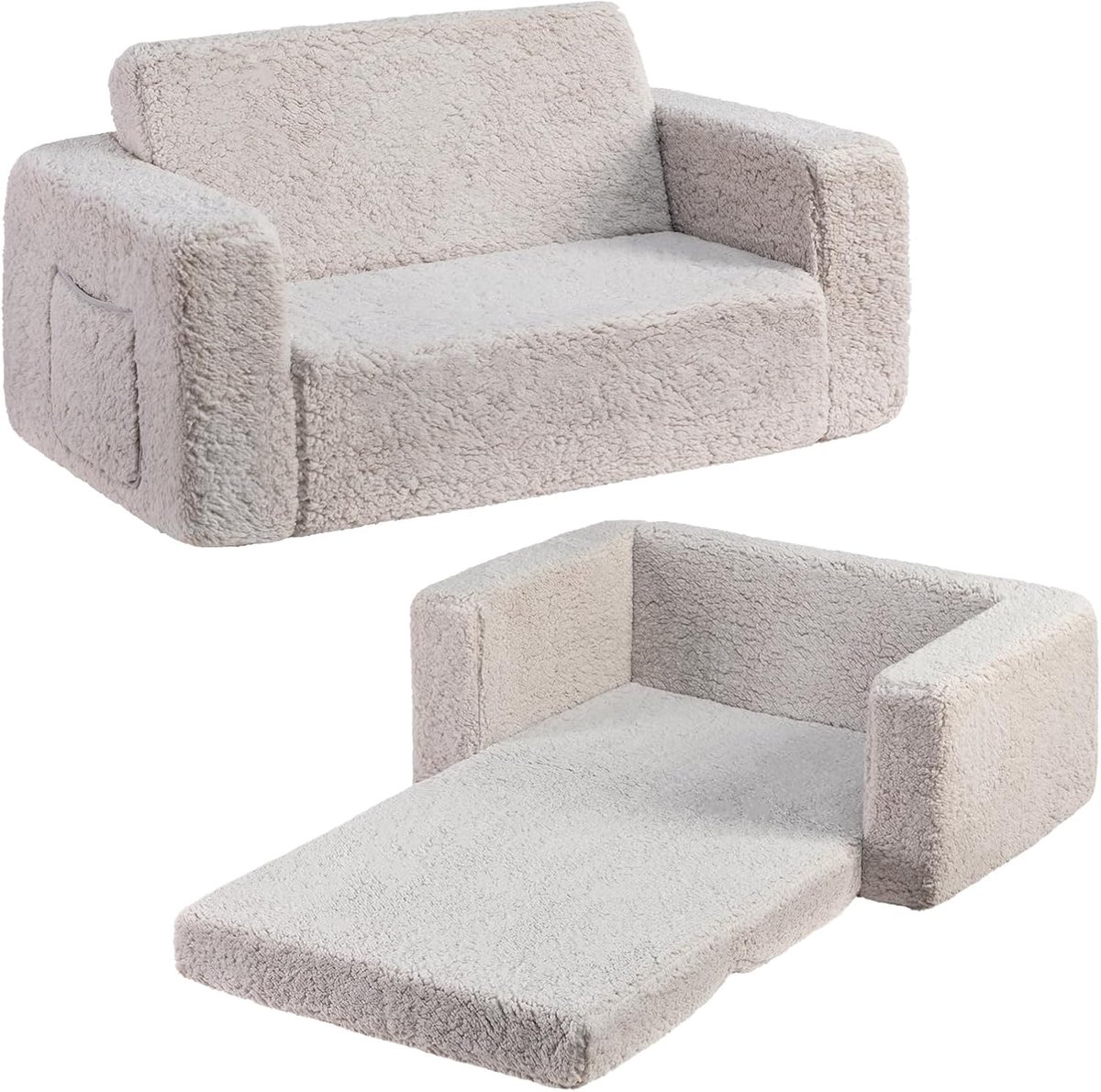 SnelShoppen - BEJOY Kids Sofa Bed - Extra Brede 2-in-1 Peuter Sofa Bed - Zacht Sherpa - Opvouwbaar Kinderbed en Zonnebed - Lichtgrijs voor Jongens en