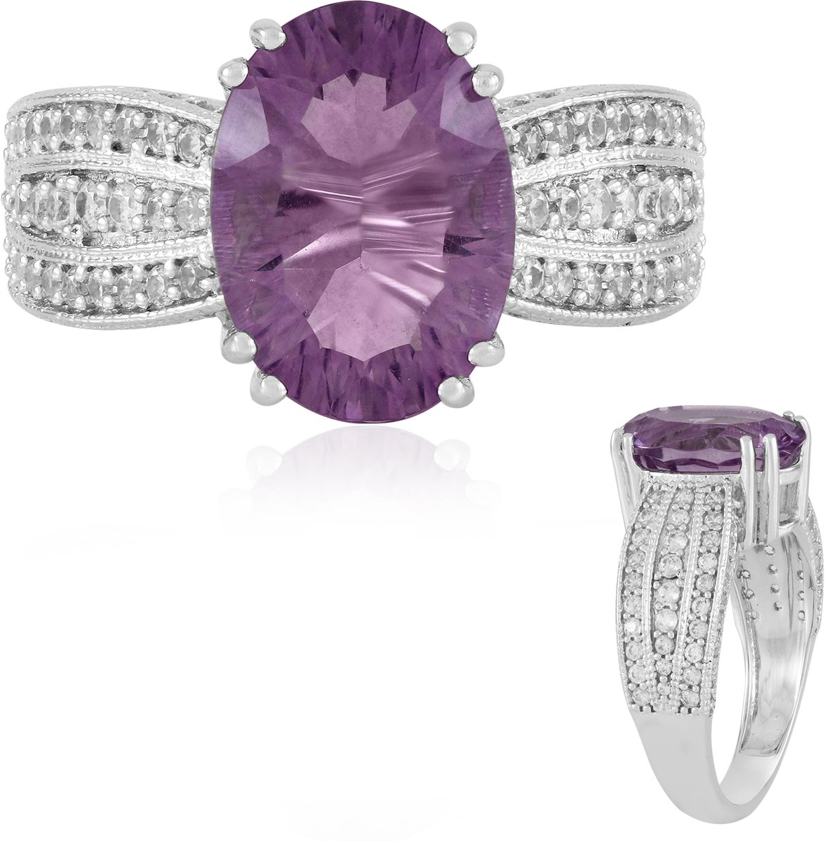 Cavill - Zilveren ring met Paarse Fluoriet 5,31 ct - 925 Sterling Zilver - Concaaf Ovaal slijpsel - Elegante Pavé Zirkonia - Handgemaakte Sieraden