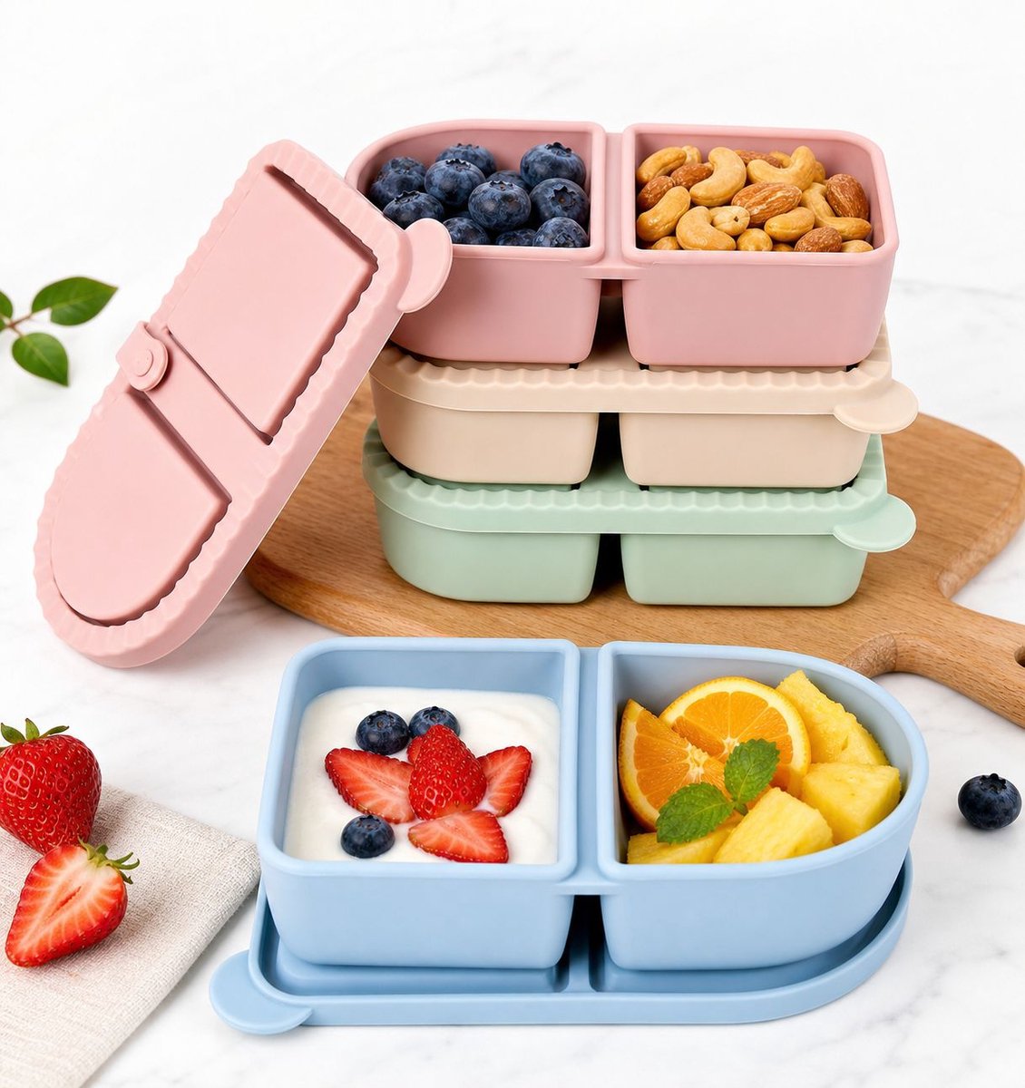 VHV - Broodtrommel - Lunchbox - Siliconen Snackbakjes - 4 Stuks - 2 Vakken - Herbruikbare Voedselcontainers - Voor School, Kantoor & Reizen - BPA-vrij - 14.5x8.6x4.2 cm - Duurzaam