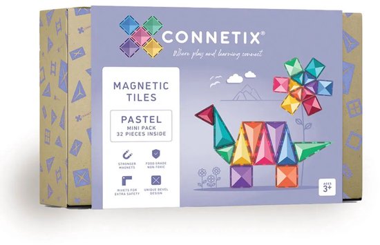 Doos Connetix magnetische tegels, pastel, mini pack met 32 stuks. Afbeelding van een dinosaurus en bloemen.
