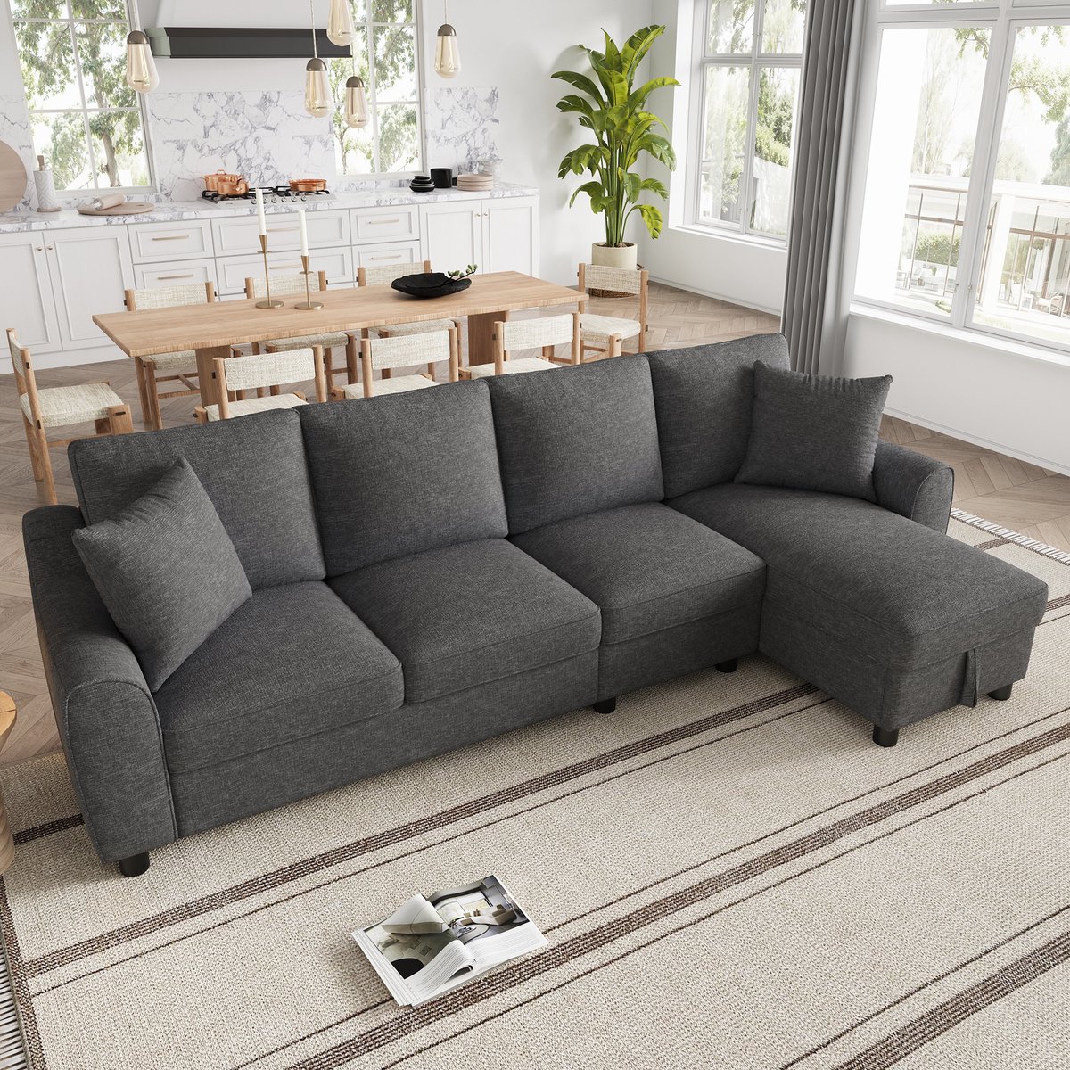 Sofa - L-vormig 4-zits met chenille bekleding, chaiselongue met opbergruimte, klapbare rugleuning met drinkhouders - 280x136x82 cm - Grijs