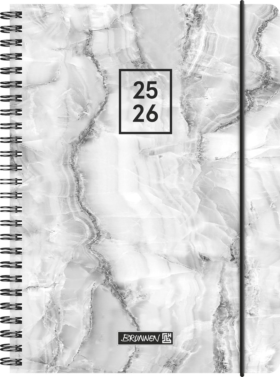Thijox - BRUNNEN Schoolagenda 2025/2026 Grey Marble A5 - 2 pagina's per week, 208 pagina's, grijze PP-envelop, ideaal voor school en studie