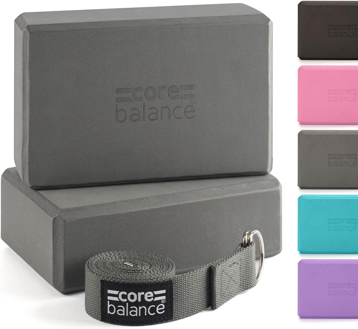 SnelShoppen - Core Balance Yoga Blokken Set van 2 Hoge Dichtheid EVA Foam met Verstelbare Metalen D Ring en Katoen Band voor Yoga, Stretching en Fitne