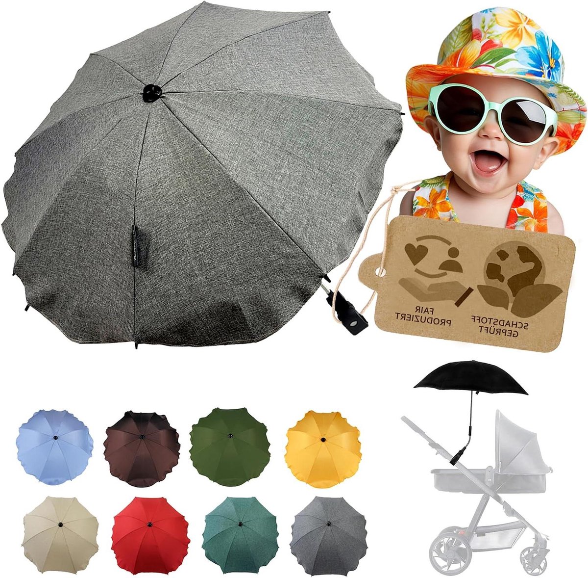Kinderwagen Parasol - Zonnescherm Buggy - Baby Beschermen - UV 50+ Bescherming - Universeel - Donkergrijs